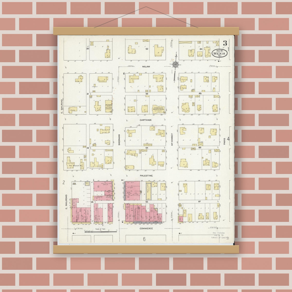 Old map wall art mockup — magnetic wood frame on brick wall — Sanborn Fire Insurance Map from Mexia, Limestone County, Texas (1911), Sheet #0003