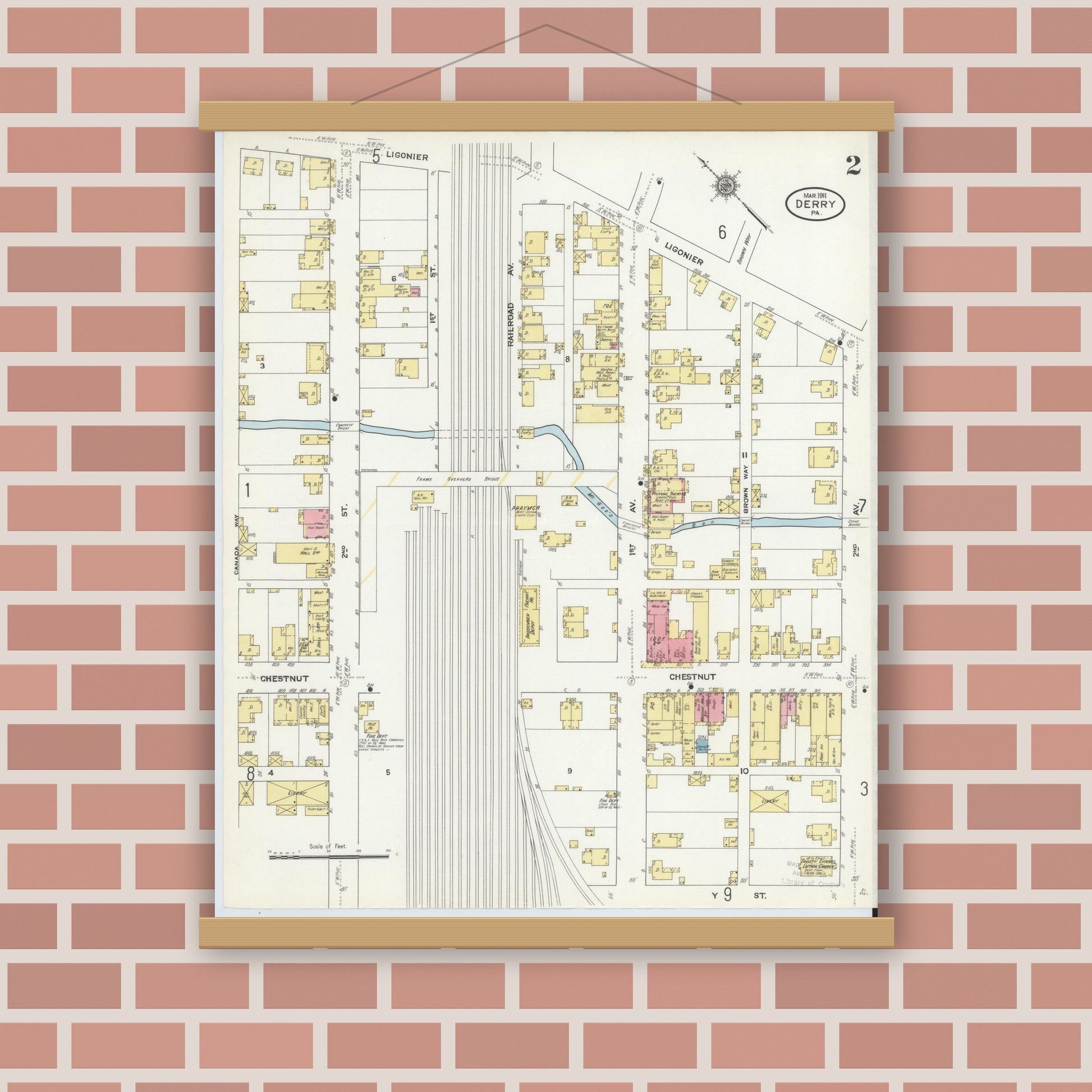 Old map wall art mockup — magnetic wood frame on brick wall — Sanborn Fire Insurance Map from Derry, Westmoreland County, Pennsylvania (1911), Sheet #0002