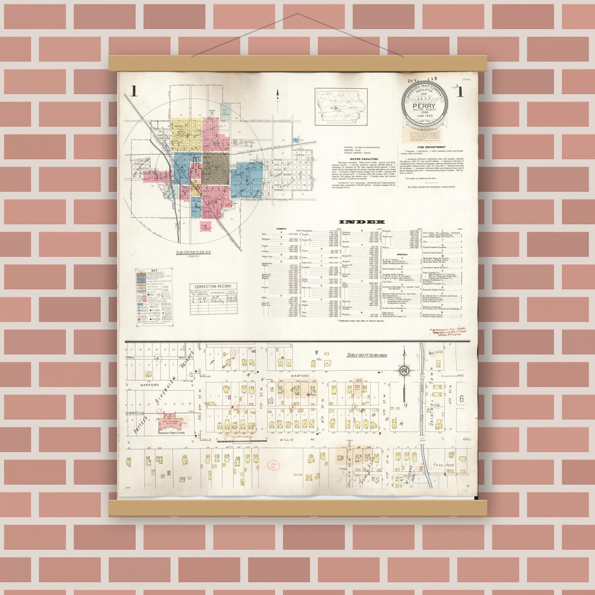 Old map wall art mockup — magnetic wood frame on brick wall — Sanborn Fire Insurance Map from Perry, Dallas County, Iowa (1947) â€” Complete Set