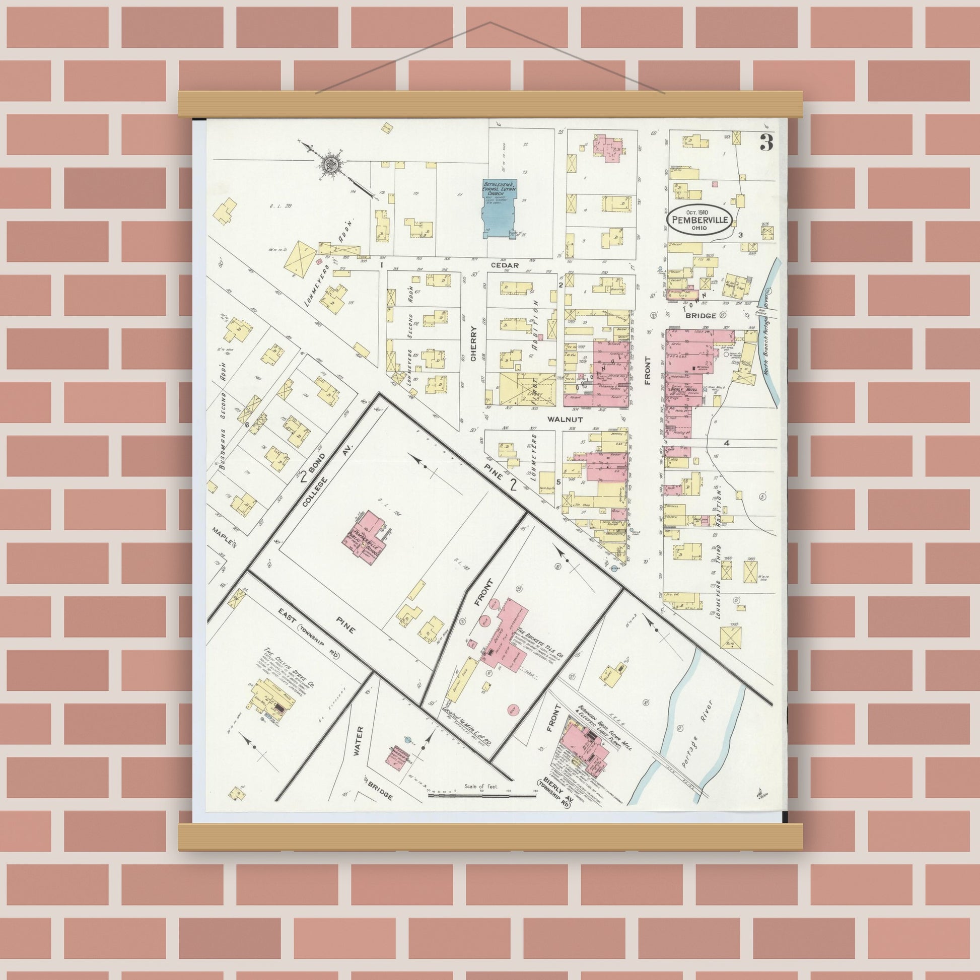 Old map wall art mockup — magnetic wood frame on brick wall — Sanborn Fire Insurance Map from Pemberville, Wood County, Ohio (1910), Sheet #0003
