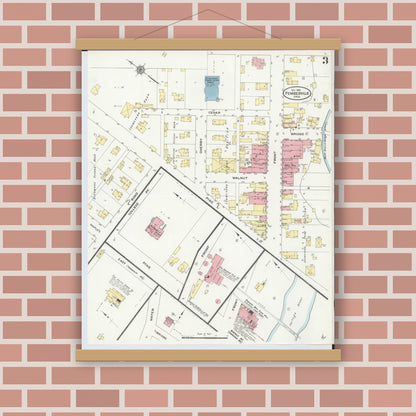 Old map wall art mockup — magnetic wood frame on brick wall — Sanborn Fire Insurance Map from Pemberville, Wood County, Ohio (1910), Sheet #0003