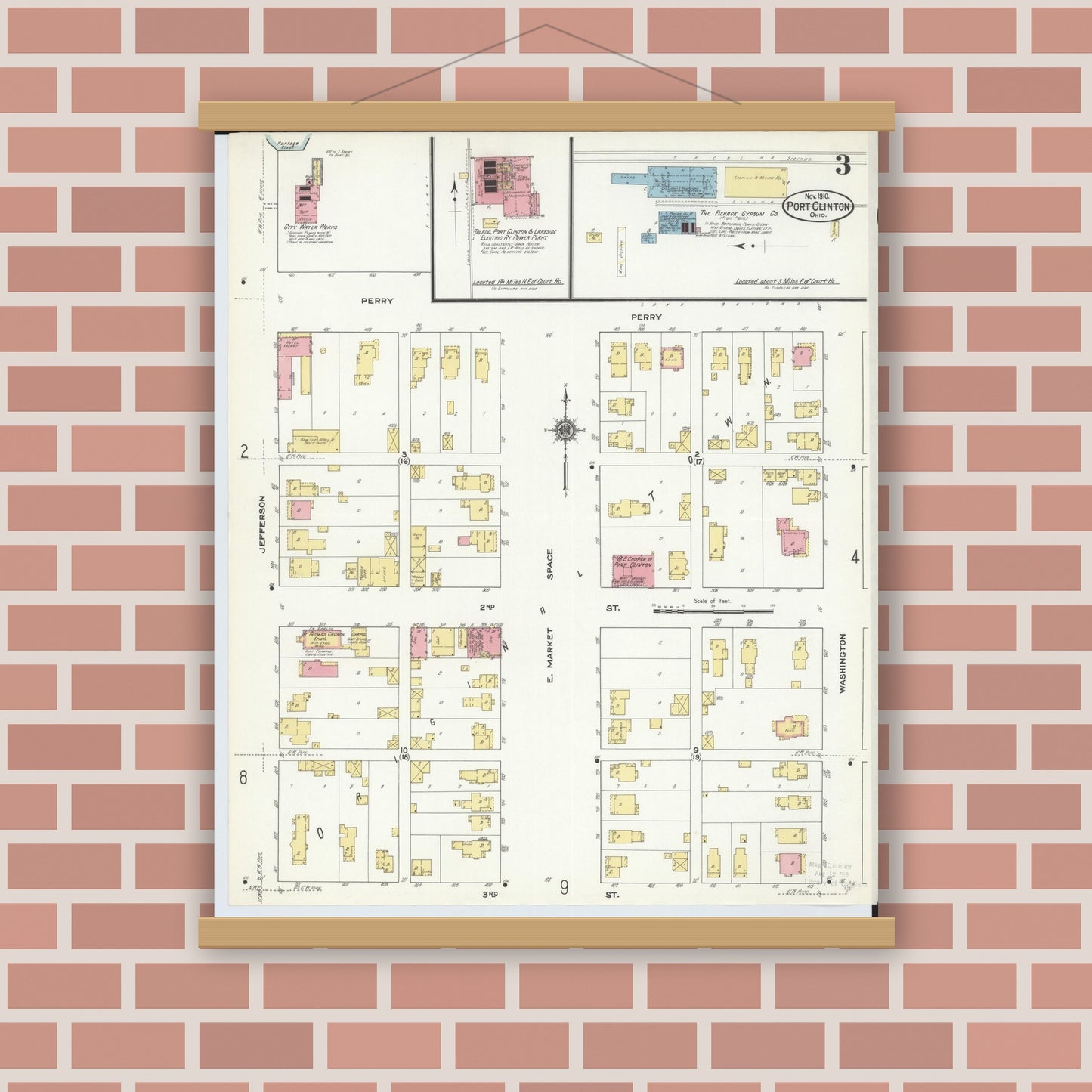 Old map wall art mockup — magnetic wood frame on brick wall — Sanborn Fire Insurance Map from Port Clinton, Ottawa County, Ohio (1910), Sheet #0003