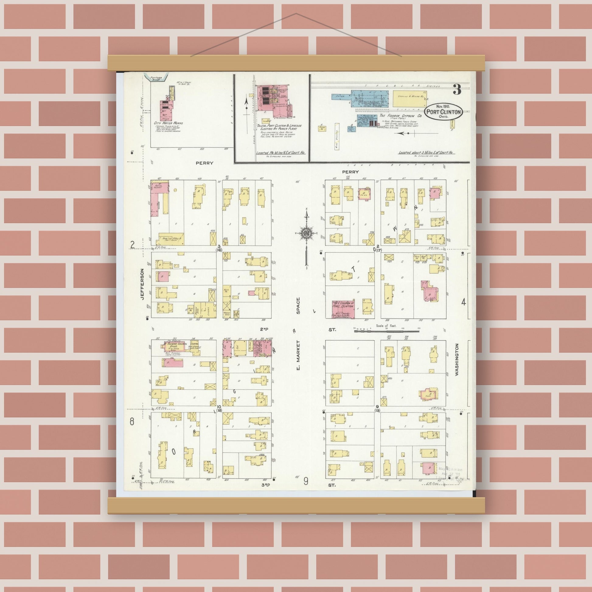 Old map wall art mockup — magnetic wood frame on brick wall — Sanborn Fire Insurance Map from Port Clinton, Ottawa County, Ohio (1910), Sheet #0003