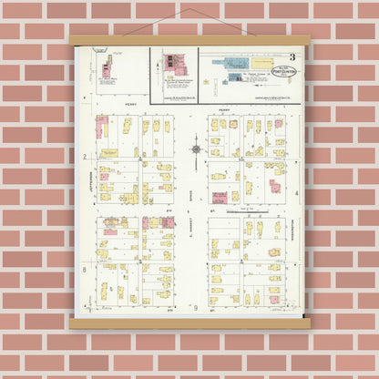 Old map wall art mockup — magnetic wood frame on brick wall — Sanborn Fire Insurance Map from Port Clinton, Ottawa County, Ohio (1910), Sheet #0003