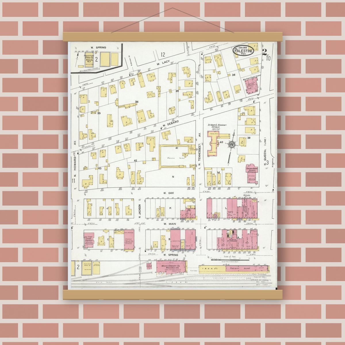 Old map wall art mockup — magnetic wood frame on brick wall — Sanborn Fire Insurance Map from Palestine, Anderson County, Texas (1919), Sheet #0002