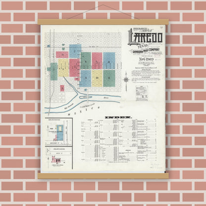 Old map wall art mockup — magnetic wood frame on brick wall — Sanborn Fire Insurance Map from Laredo, Webb County, Texas (1909), Sheet #0001