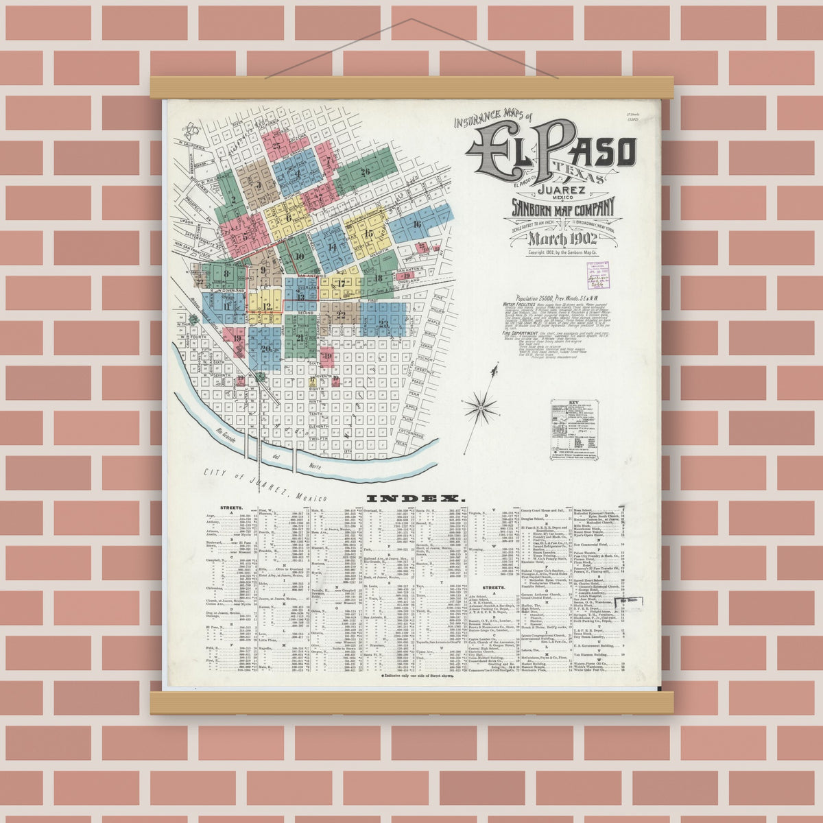 Old map wall art mockup — magnetic wood frame on brick wall — Sanborn Fire Insurance Map from El Paso, El Paso County, Texas (1902), Sheet #0001