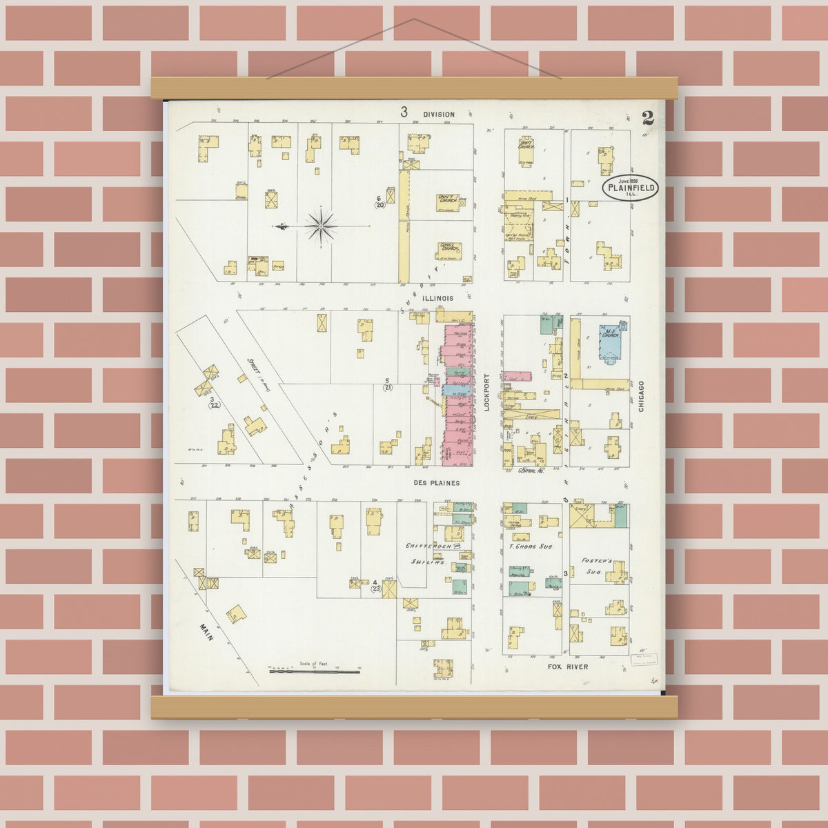 Old map wall art mockup — magnetic wood frame on brick wall — Sanborn Fire Insurance Map from Plainfield, Will County, Illinois (1898), Sheet #0002