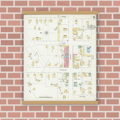 Old map wall art mockup — magnetic wood frame on brick wall — Sanborn Fire Insurance Map from Plainfield, Will County, Illinois (1898), Sheet #0002