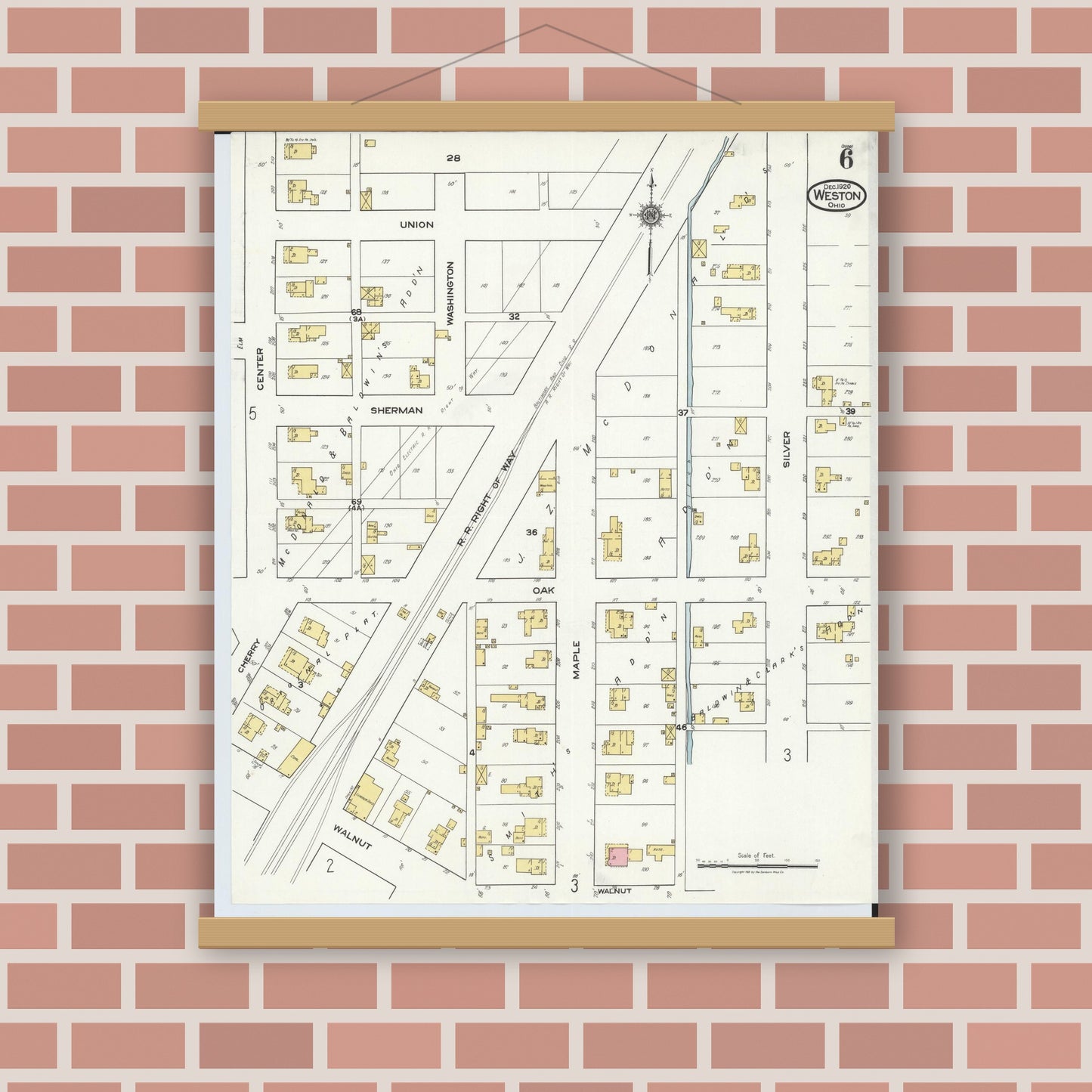 Old map wall art mockup — magnetic wood frame on brick wall — Sanborn Fire Insurance Map from Weston, Wood County, Ohio (1920), Sheet #0006