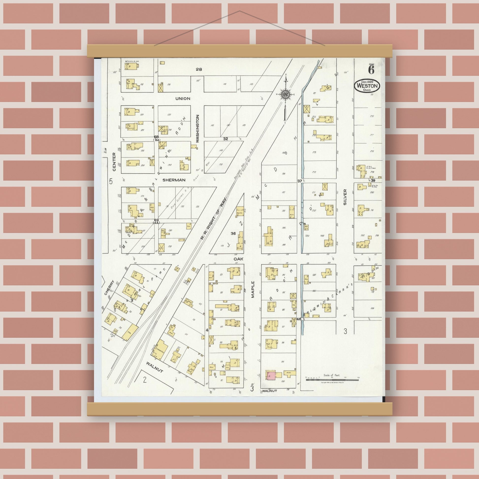 Old map wall art mockup — magnetic wood frame on brick wall — Sanborn Fire Insurance Map from Weston, Wood County, Ohio (1920), Sheet #0006