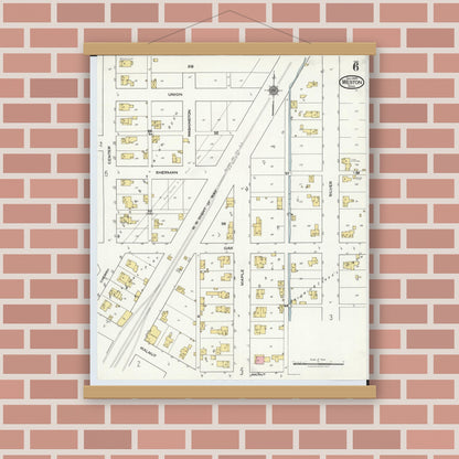 Old map wall art mockup — magnetic wood frame on brick wall — Sanborn Fire Insurance Map from Weston, Wood County, Ohio (1920), Sheet #0006