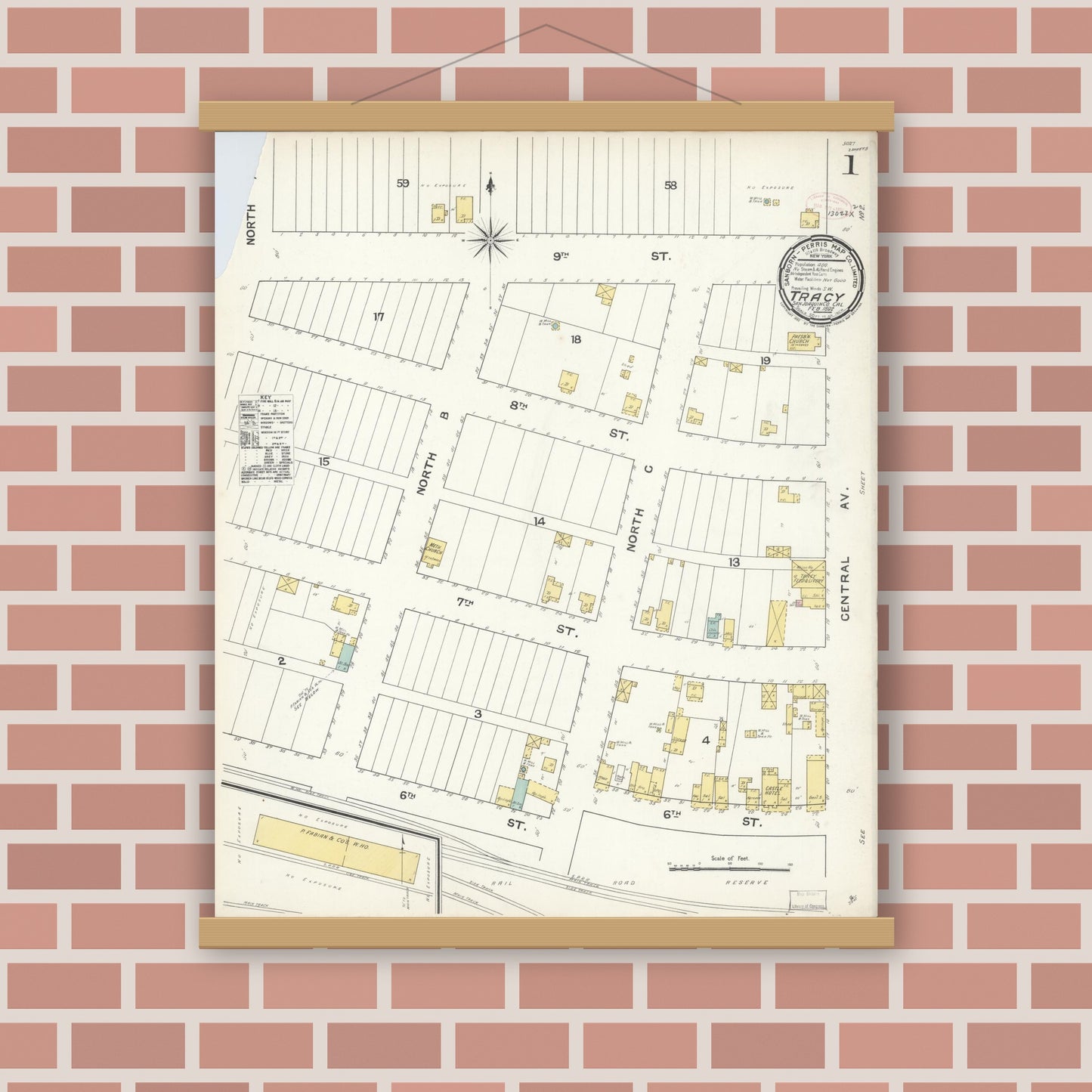 Old map wall art mockup — magnetic wood frame on brick wall — Sanborn Fire Insurance Map from Tracy, San Joaquin County, California (1892) - Complete Map Set