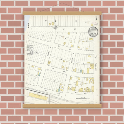 Old map wall art mockup — magnetic wood frame on brick wall — Sanborn Fire Insurance Map from Tracy, San Joaquin County, California (1892) - Complete Map Set