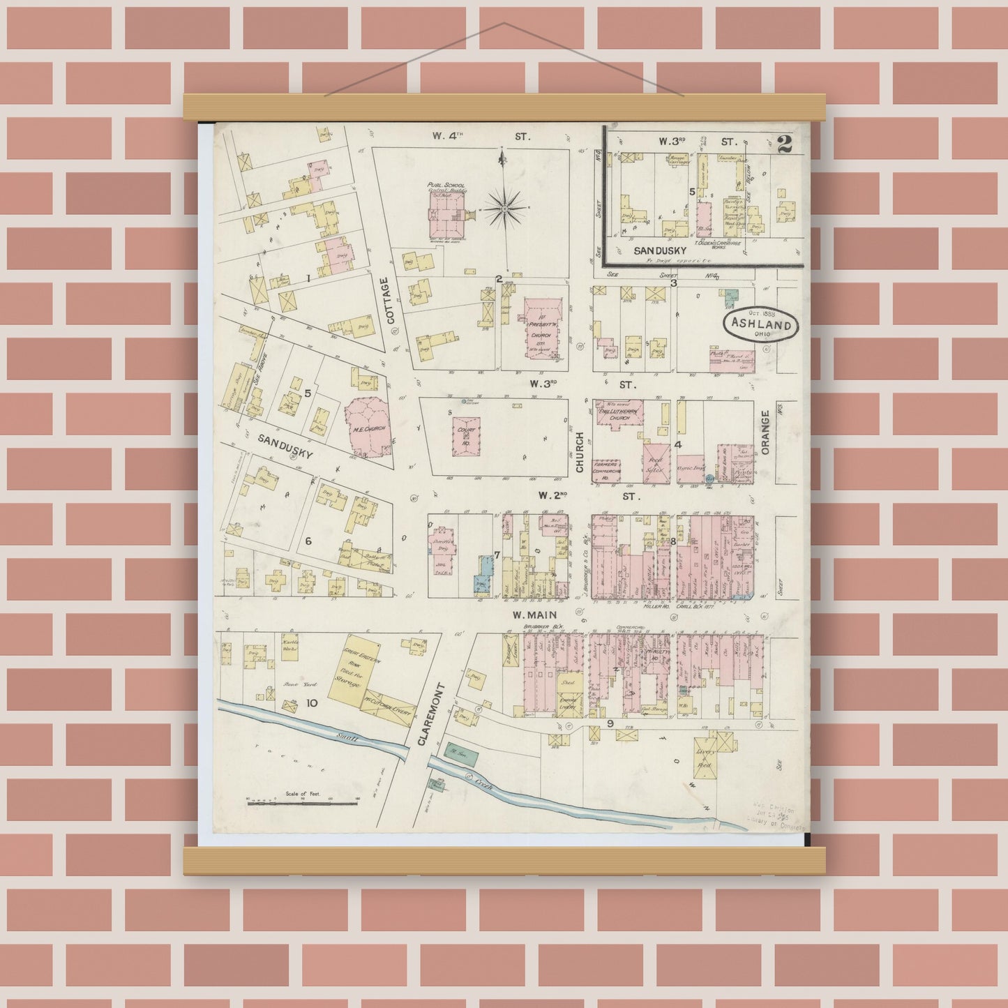 Old map wall art mockup — magnetic wood frame on brick wall — Sanborn Fire Insurance Map from Ashland, Ashland County, Ohio (1888), Sheet #0002