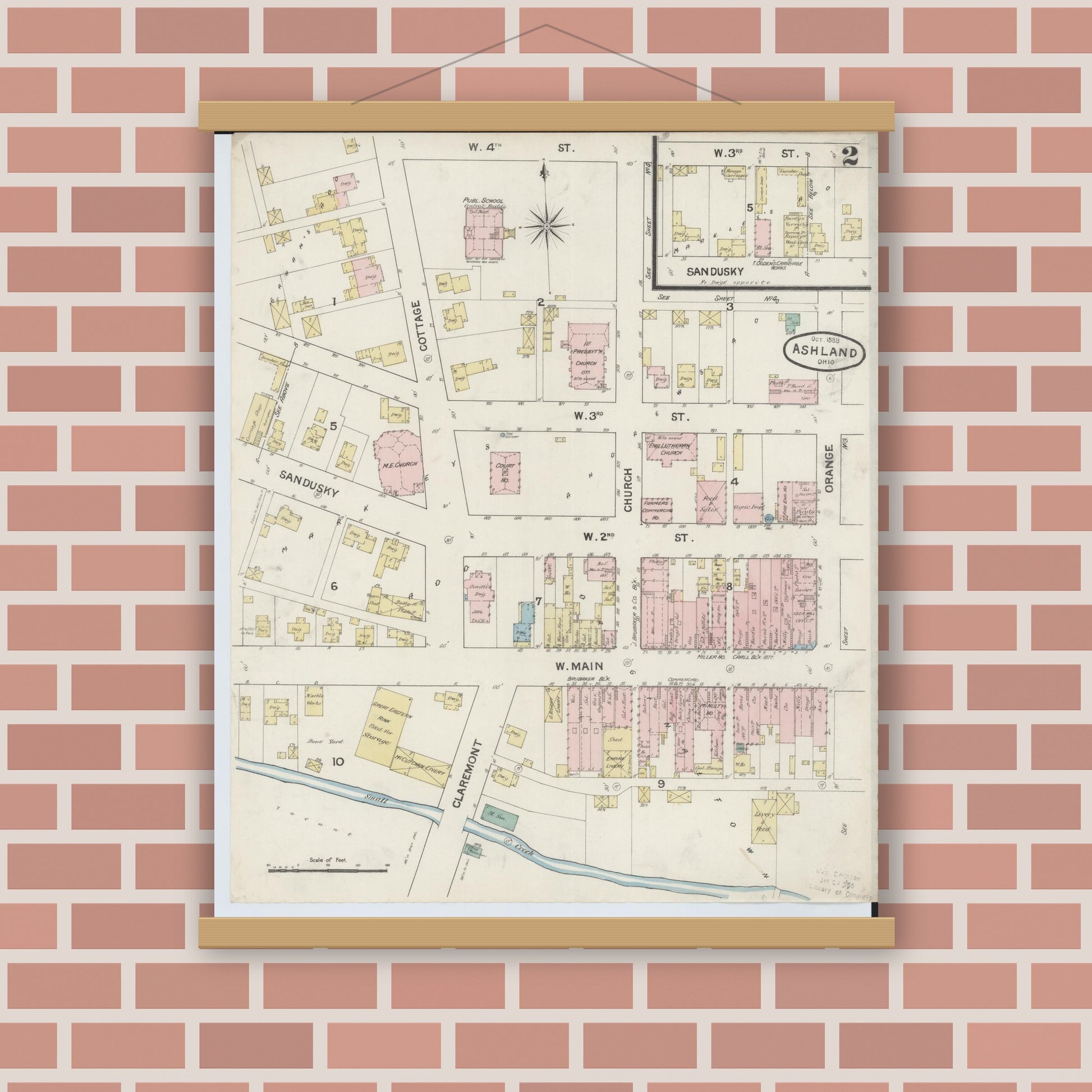 Old map wall art mockup — magnetic wood frame on brick wall — Sanborn Fire Insurance Map from Ashland, Ashland County, Ohio (1888), Sheet #0002