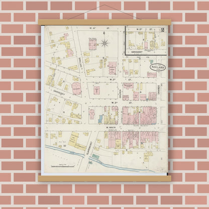 Old map wall art mockup — magnetic wood frame on brick wall — Sanborn Fire Insurance Map from Ashland, Ashland County, Ohio (1888), Sheet #0002