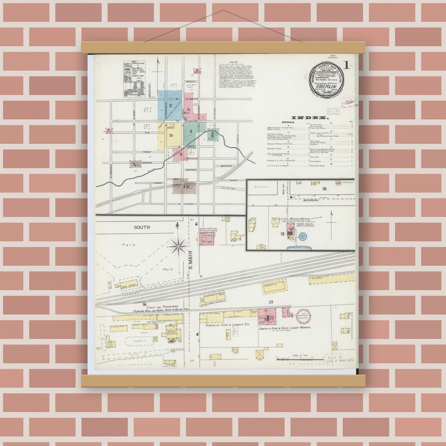 Old map wall art mockup — magnetic wood frame on brick wall — Sanborn Fire Insurance Map from Oberlin, Lorain County, Ohio (1893), Sheet #0001