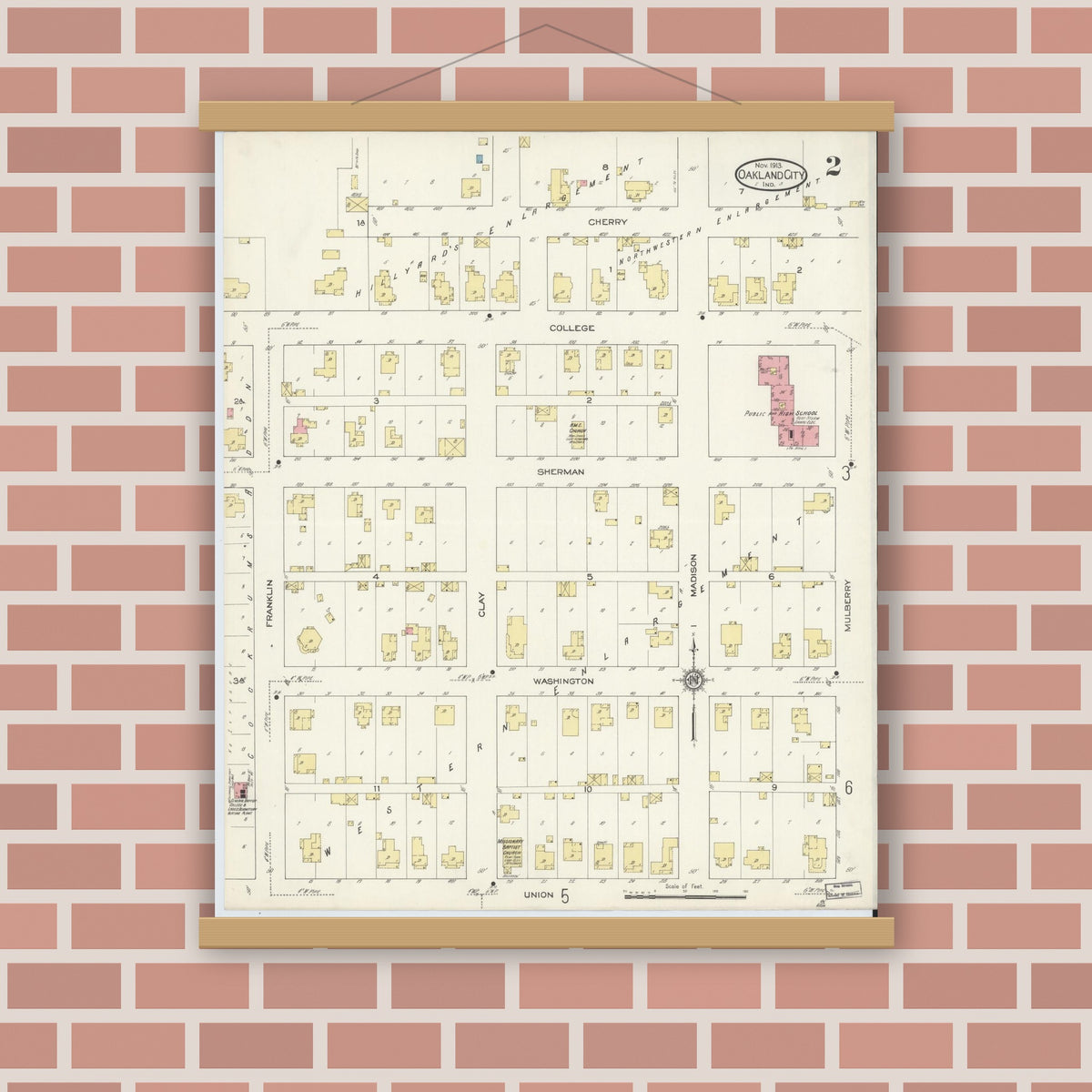 Old map wall art mockup — magnetic wood frame on brick wall — Sanborn Fire Insurance Map from Oakland City, Gibson County, Indiana (1913), Sheet #0002