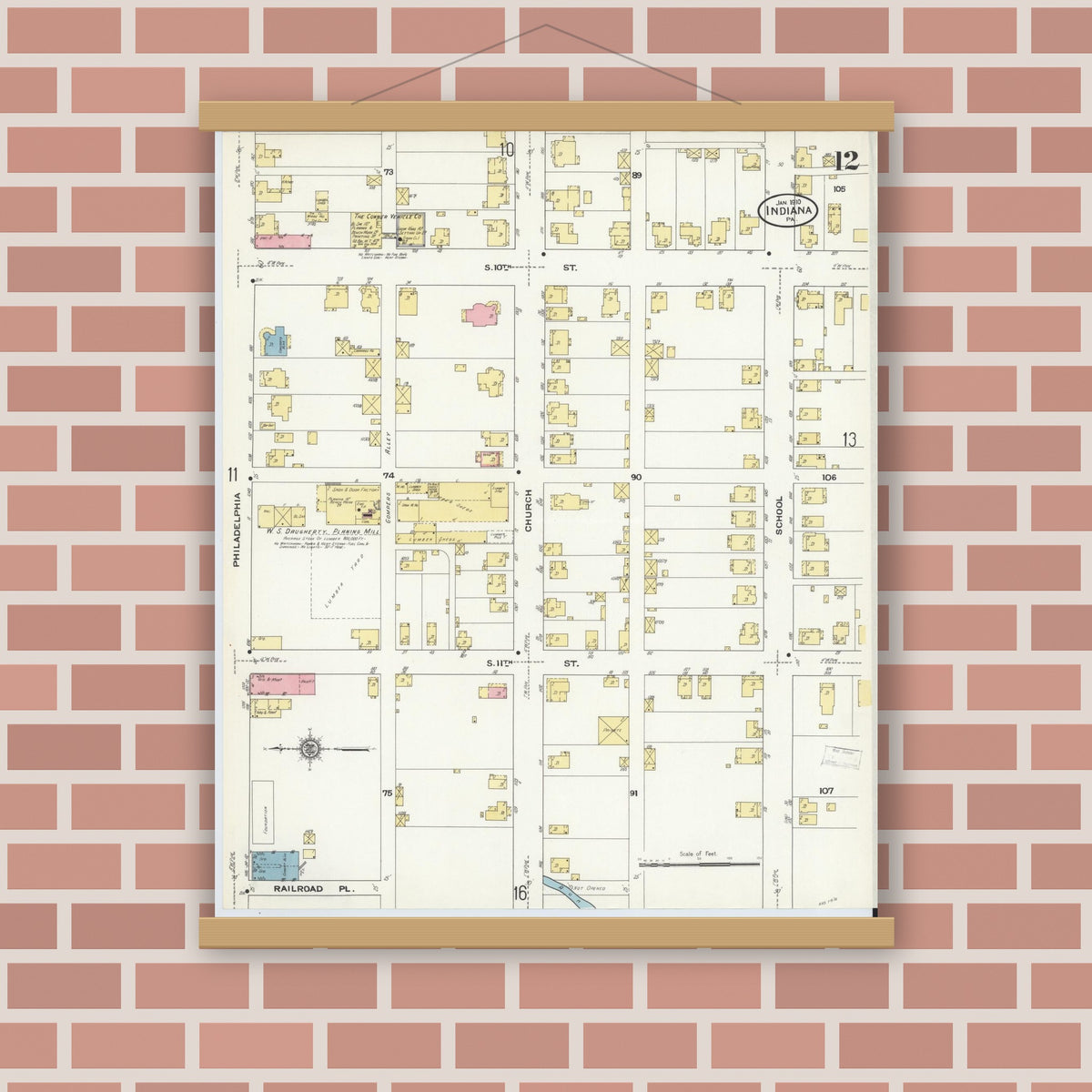 Old map wall art mockup — magnetic wood frame on brick wall — Sanborn Fire Insurance Map from Indiana, Indiana County, Pennsylvania (1910), Sheet #0012