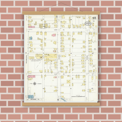 Old map wall art mockup — magnetic wood frame on brick wall — Sanborn Fire Insurance Map from Indiana, Indiana County, Pennsylvania (1910), Sheet #0012