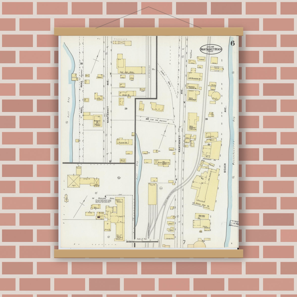Old map wall art mockup — magnetic wood frame on brick wall — Sanborn Fire Insurance Map from Nantasket Beach, Plymouth County, Massachusetts (1898), Sheet #0006