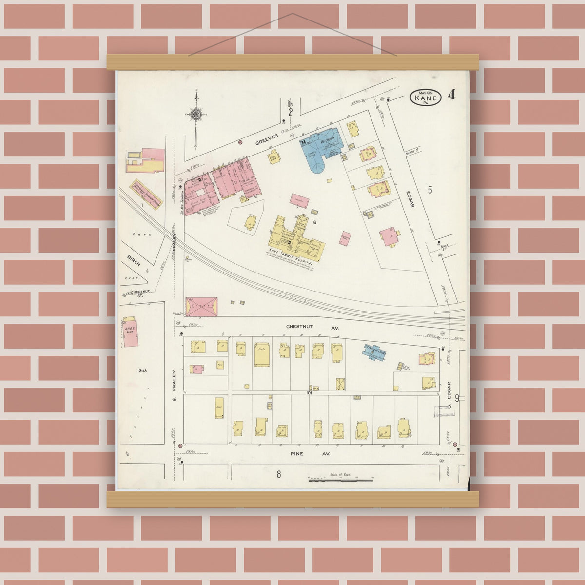 Old map wall art mockup — magnetic wood frame on brick wall — Sanborn Fire Insurance Map from Kane, McKean County, Pennsylvania (1915), Sheet #0004