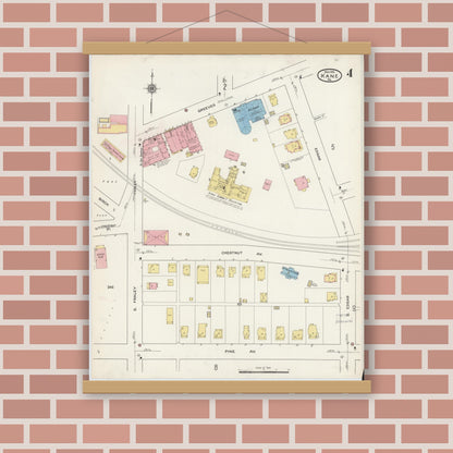 Old map wall art mockup — magnetic wood frame on brick wall — Sanborn Fire Insurance Map from Kane, McKean County, Pennsylvania (1915), Sheet #0004