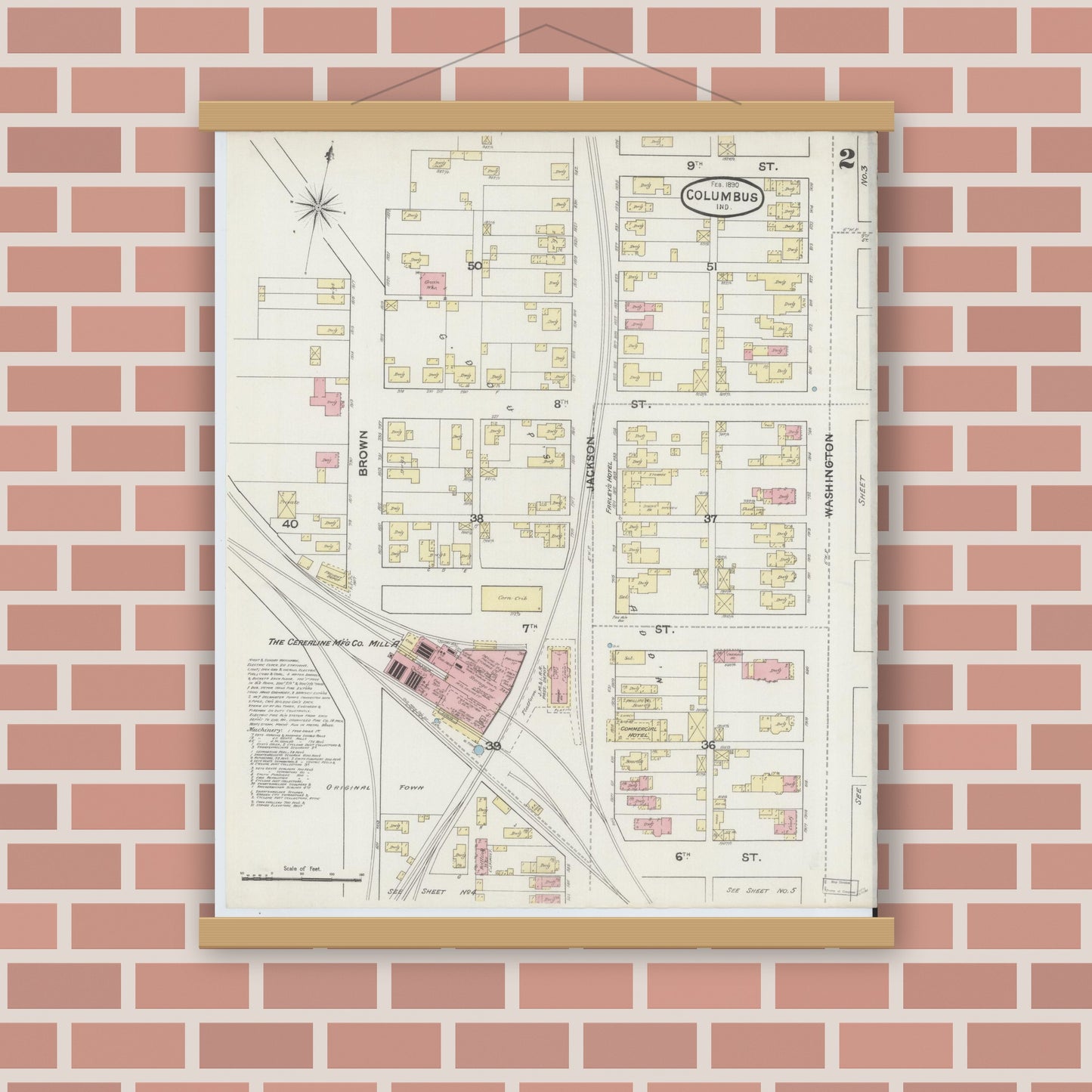 Old map wall art mockup — magnetic wood frame on brick wall — Sanborn Fire Insurance Map from Columbus, Bartholomew County, Indiana (1890), Sheet #0002