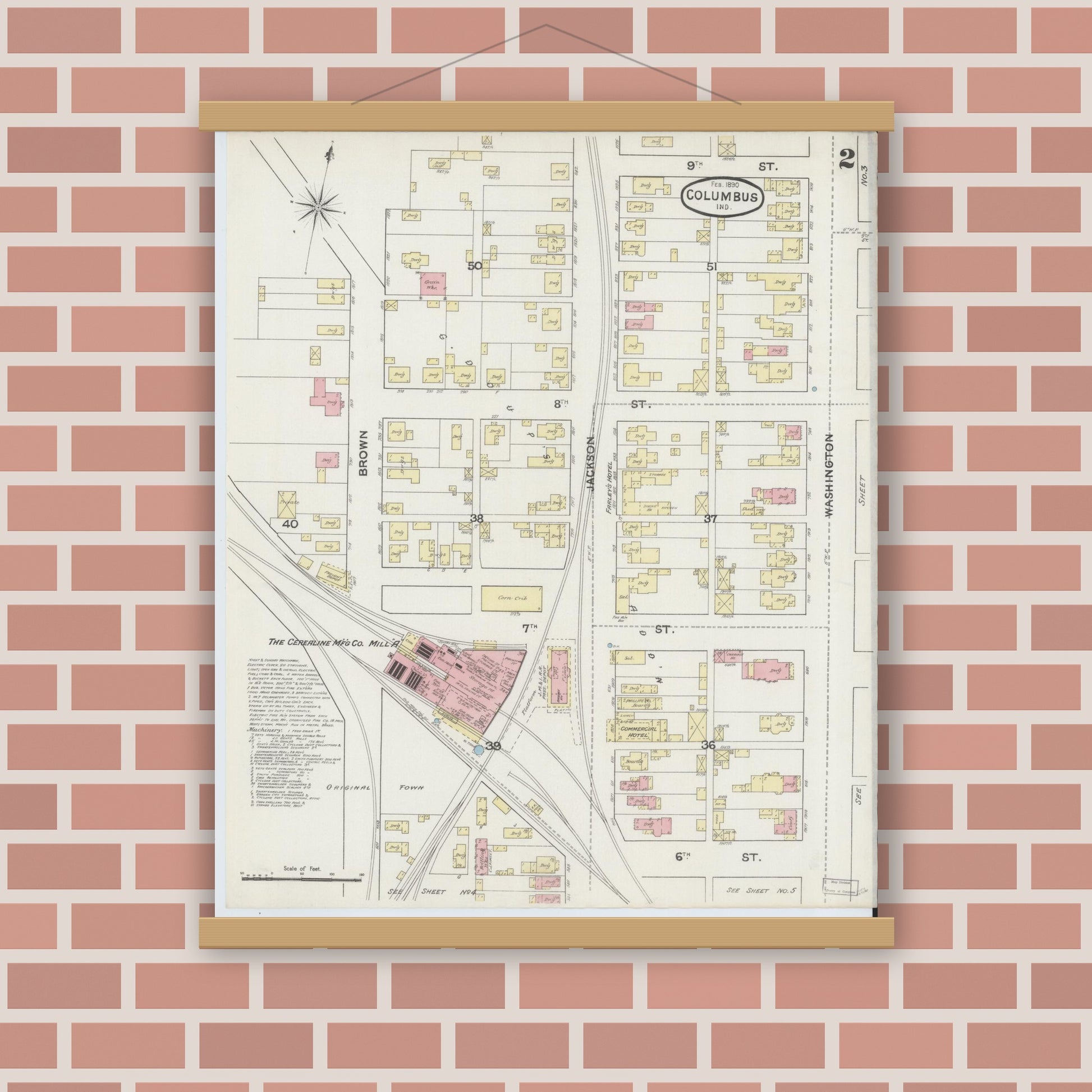 Old map wall art mockup — magnetic wood frame on brick wall — Sanborn Fire Insurance Map from Columbus, Bartholomew County, Indiana (1890), Sheet #0002
