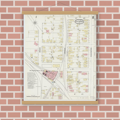 Old map wall art mockup — magnetic wood frame on brick wall — Sanborn Fire Insurance Map from Columbus, Bartholomew County, Indiana (1890), Sheet #0002
