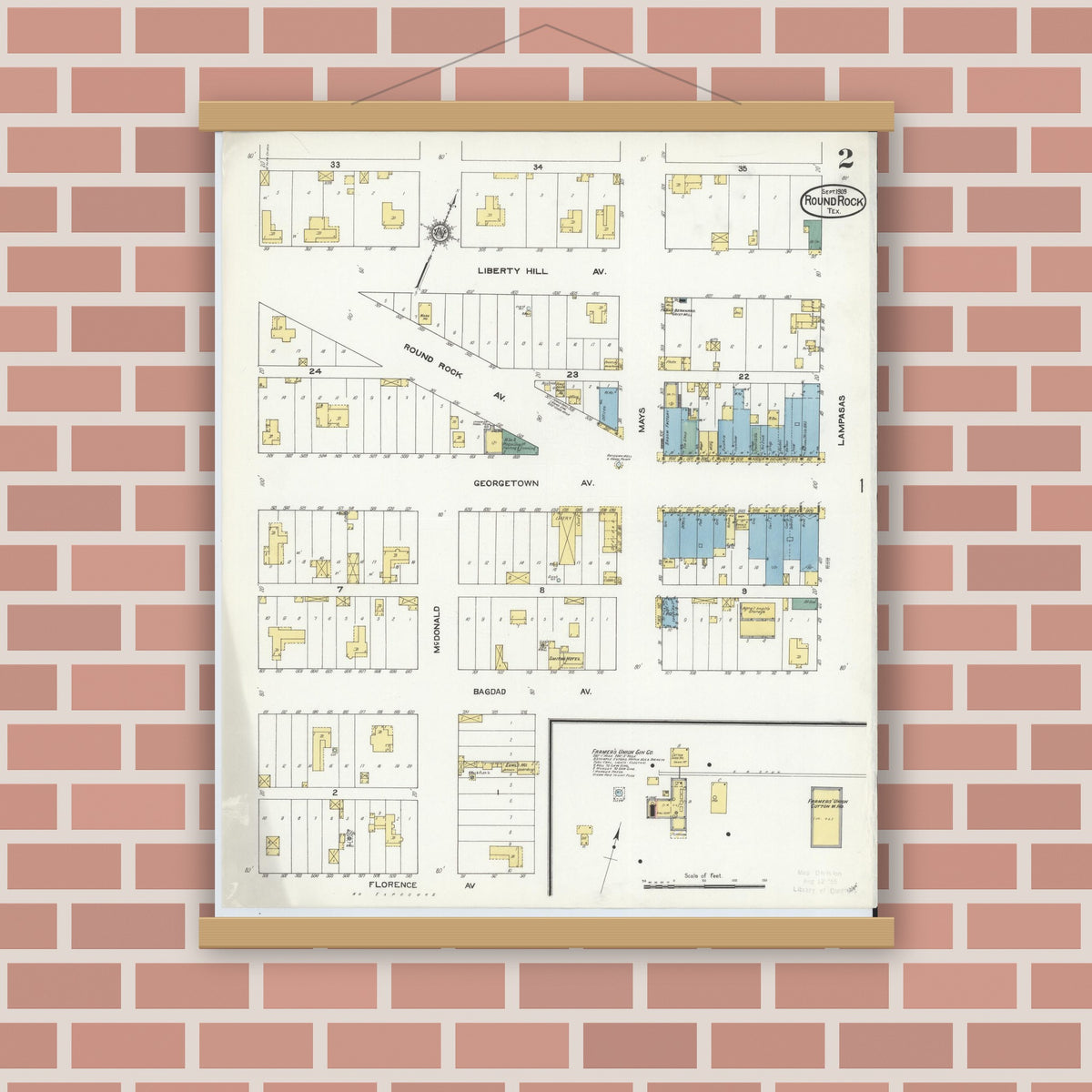 Old map wall art mockup — magnetic wood frame on brick wall — Sanborn Fire Insurance Map from Round Rock, Williamson County, Texas (1909), Sheet #0002