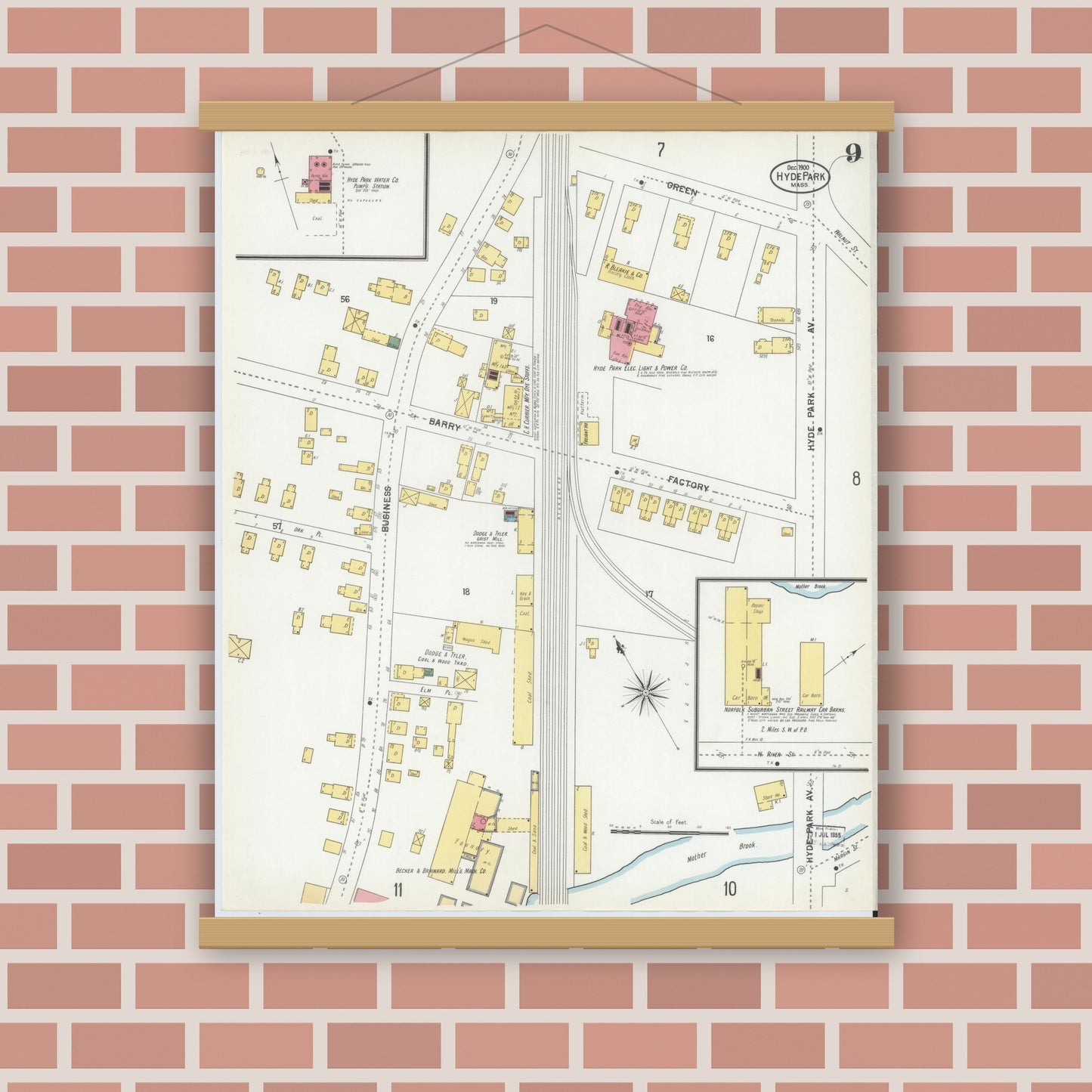 Old map wall art mockup — magnetic wood frame on brick wall — Sanborn Fire Insurance Map from Hyde Park, Norfolk County, Massachusetts (1900), Sheet #0009