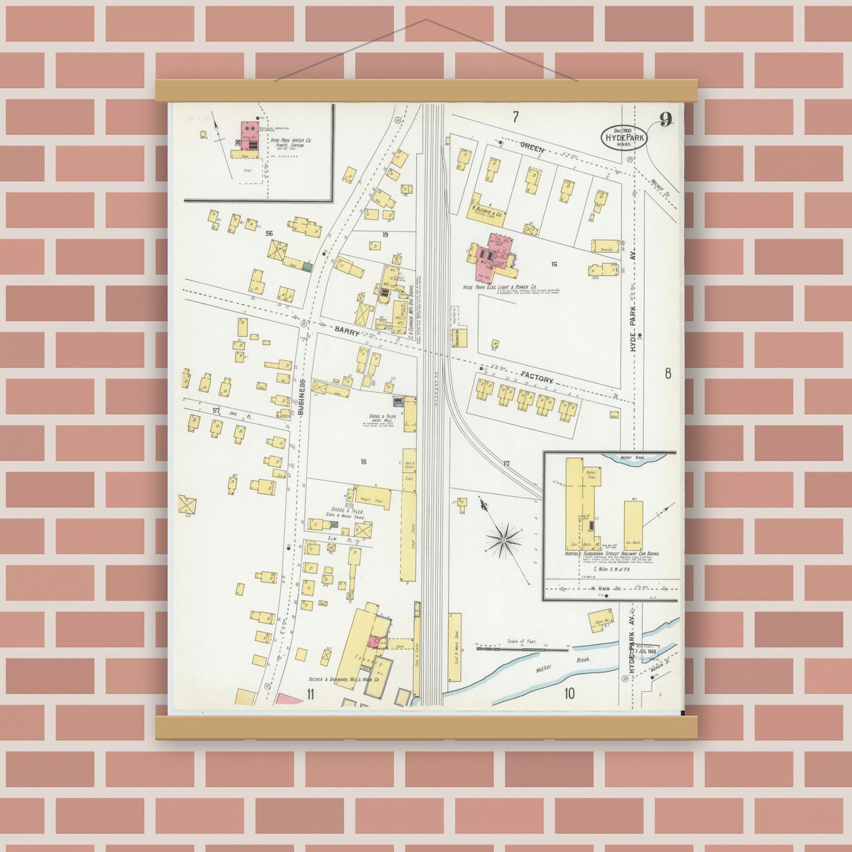 Old map wall art mockup — magnetic wood frame on brick wall — Sanborn Fire Insurance Map from Hyde Park, Norfolk County, Massachusetts (1900), Sheet #0009
