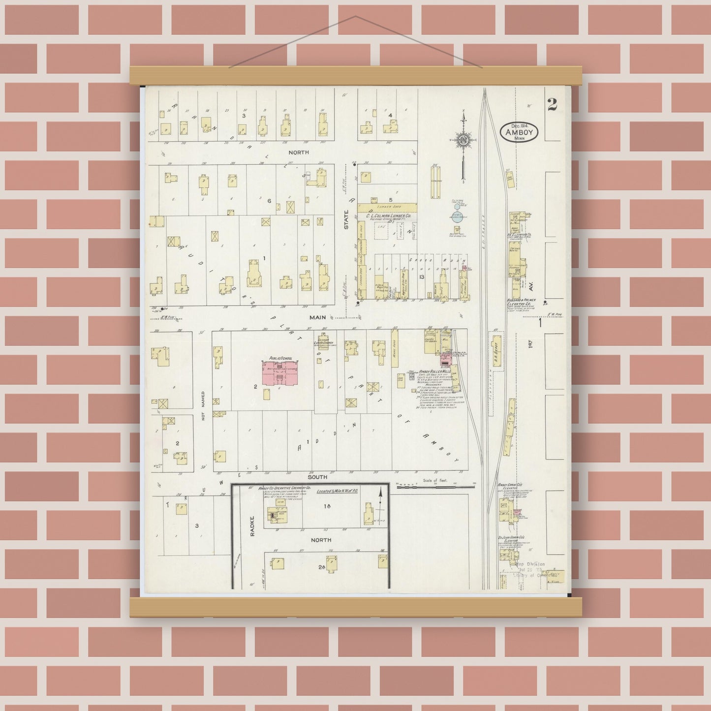 Old map wall art mockup — magnetic wood frame on brick wall — Sanborn Fire Insurance Map from Amboy, Blue Earth County, Minnesota (1914), Sheet #0002