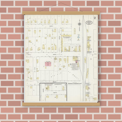 Old map wall art mockup — magnetic wood frame on brick wall — Sanborn Fire Insurance Map from Amboy, Blue Earth County, Minnesota (1914), Sheet #0002