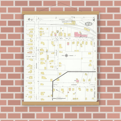 Old map wall art mockup — magnetic wood frame on brick wall — Sanborn Fire Insurance Map from Plymouth, Huron And Richland Counties, Ohio (1924), Sheet #0004