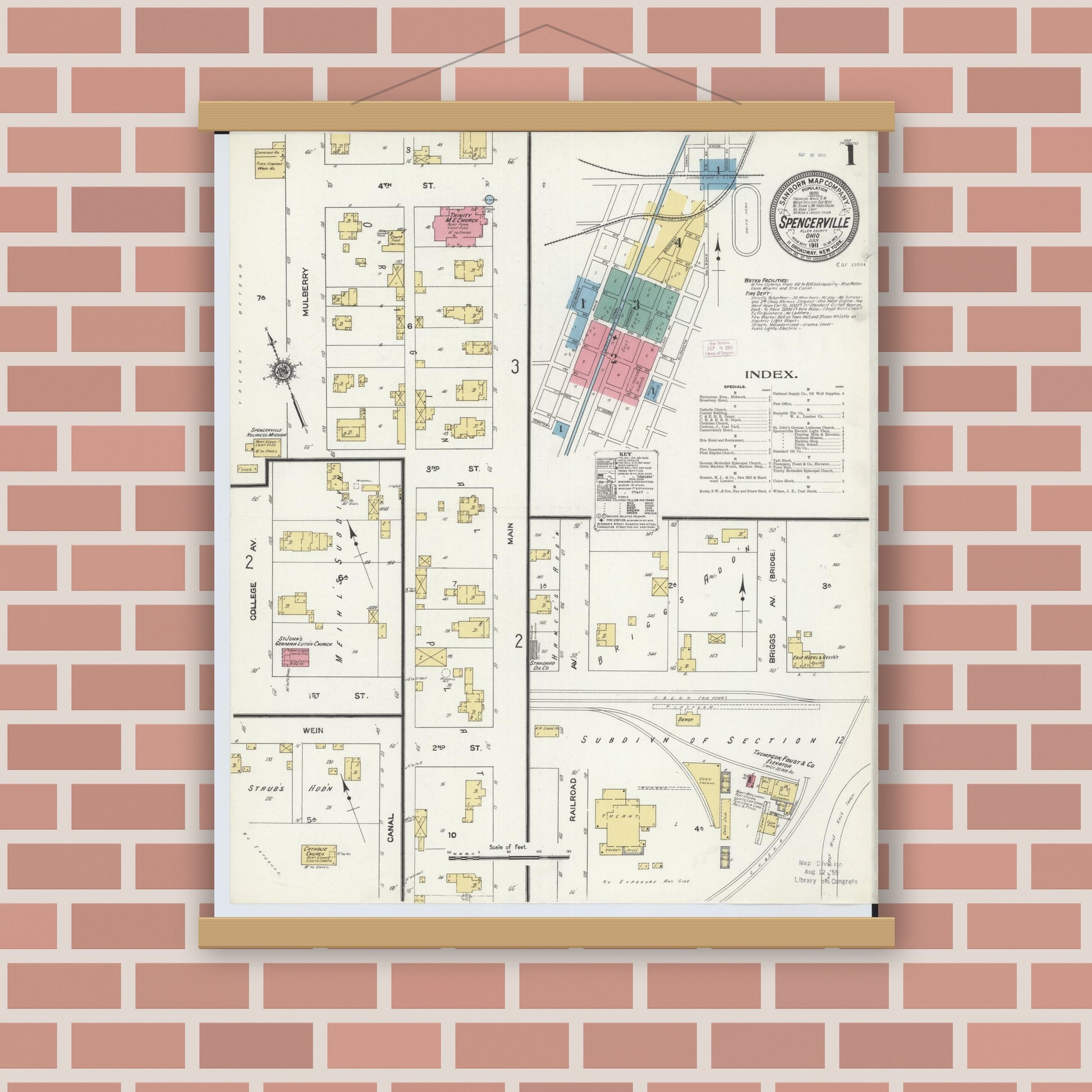 Old map wall art mockup — magnetic wood frame on brick wall — Sanborn Fire Insurance Map from Spencerville, Allen County, Ohio (1911) - Complete Map Set