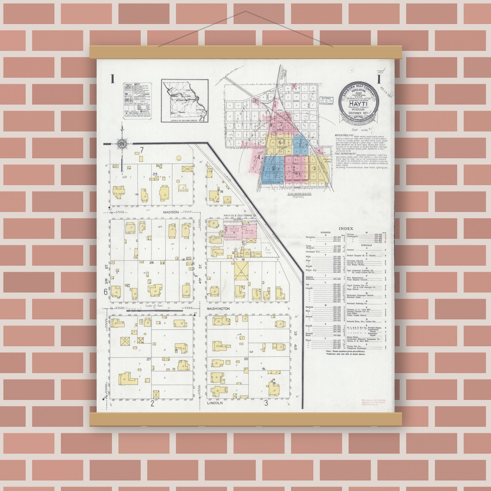 Old map wall art mockup — magnetic wood frame on brick wall — Sanborn Fire Insurance Map from Hayti, Pemiscot County, Missouri (1927) - Complete Map Set
