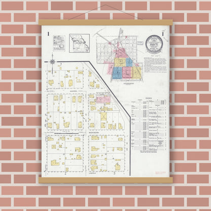 Old map wall art mockup — magnetic wood frame on brick wall — Sanborn Fire Insurance Map from Hayti, Pemiscot County, Missouri (1927) - Complete Map Set
