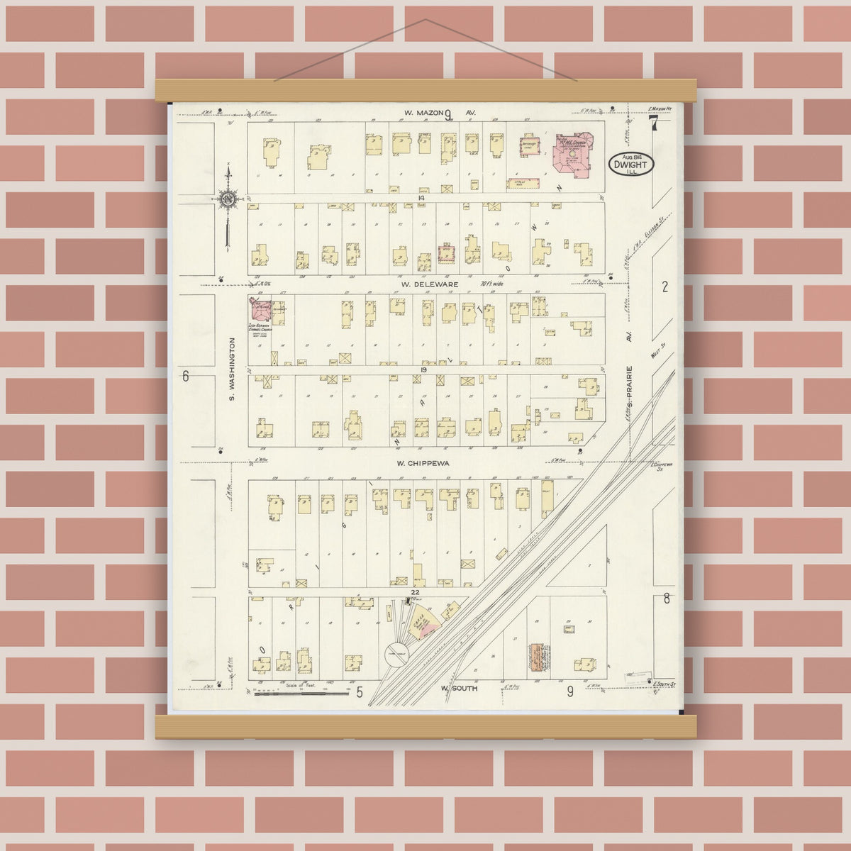 Old map wall art mockup — magnetic wood frame on brick wall — Sanborn Fire Insurance Map from Dwight, Livingston County, Illinois (1914), Sheet #0007