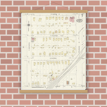 Old map wall art mockup — magnetic wood frame on brick wall — Sanborn Fire Insurance Map from Dwight, Livingston County, Illinois (1914), Sheet #0007