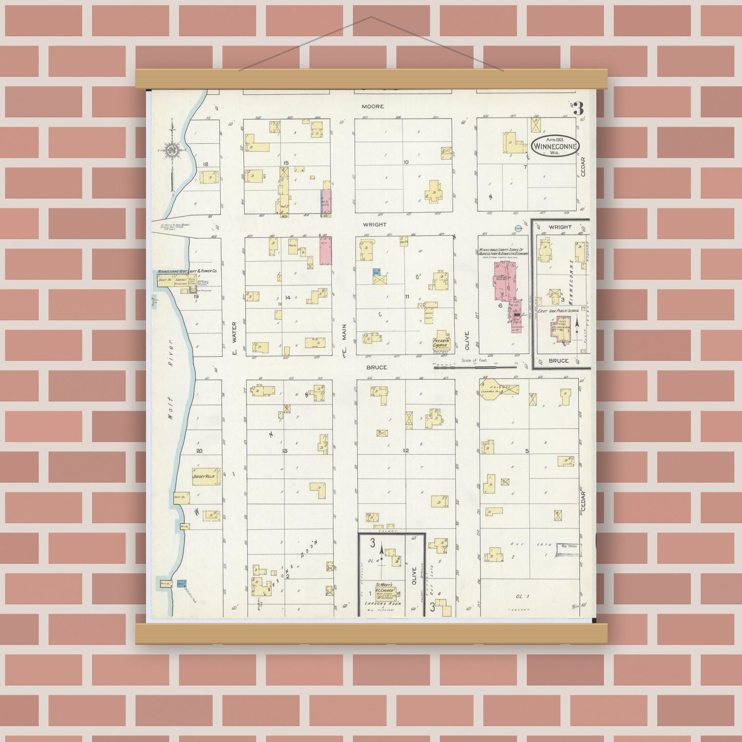 Old map wall art mockup — magnetic wood frame on brick wall — Sanborn Fire Insurance Map from Winneconne, Winnebago County, Wisconsin (1913), Sheet #0003