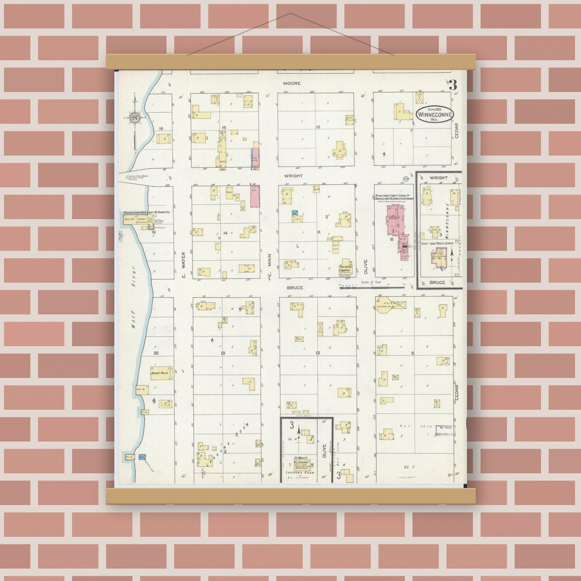Old map wall art mockup — magnetic wood frame on brick wall — Sanborn Fire Insurance Map from Winneconne, Winnebago County, Wisconsin (1913), Sheet #0003
