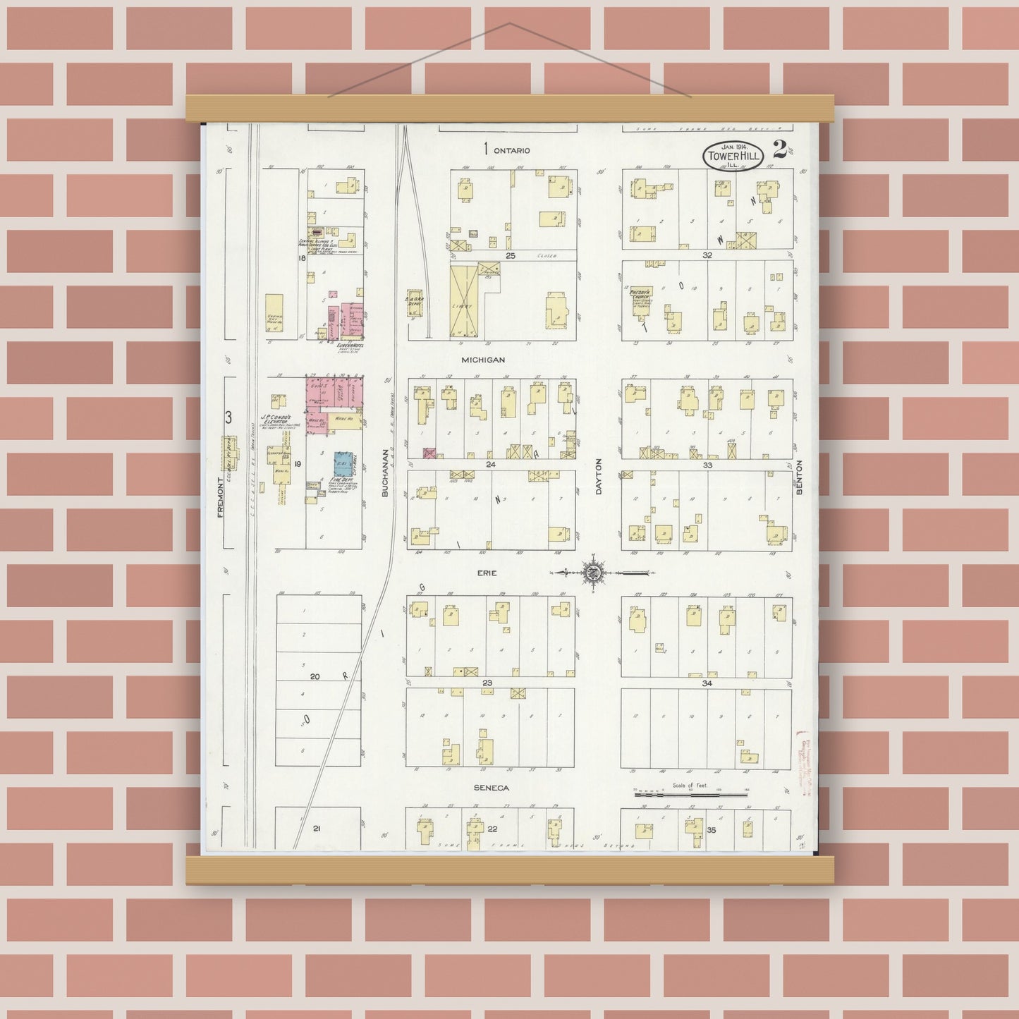 Old map wall art mockup — magnetic wood frame on brick wall — Sanborn Fire Insurance Map from Tower Hill, Shelby County, Illinois (1914), Sheet #0002