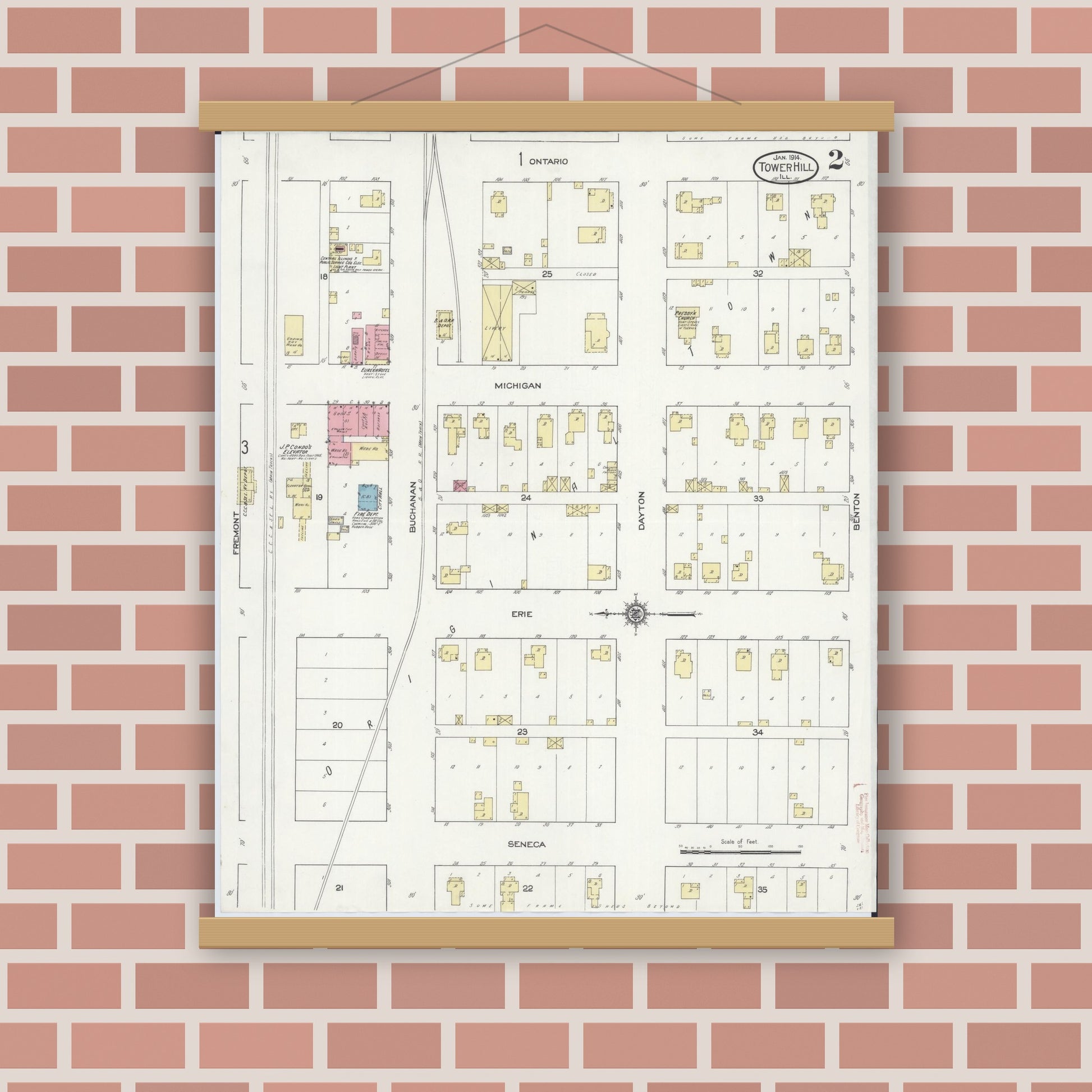 Old map wall art mockup — magnetic wood frame on brick wall — Sanborn Fire Insurance Map from Tower Hill, Shelby County, Illinois (1914), Sheet #0002