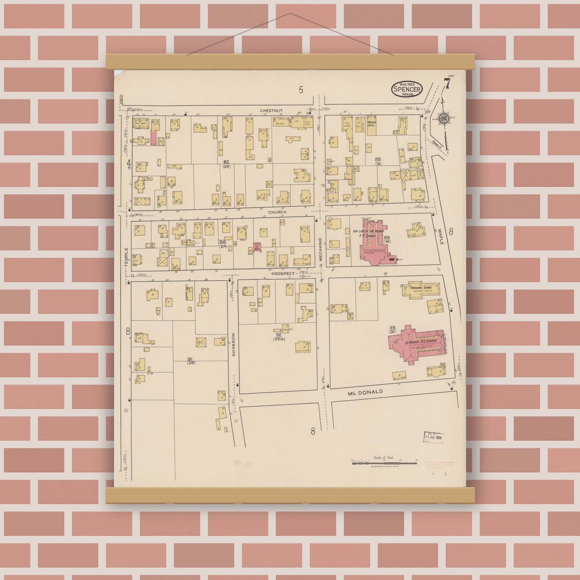Old map wall art mockup — magnetic wood frame on brick wall — Sanborn Fire Insurance Map from Spencer, Worcester County, Massachusetts (1922), Sheet #0007