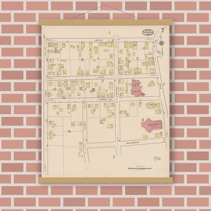 Old map wall art mockup — magnetic wood frame on brick wall — Sanborn Fire Insurance Map from Spencer, Worcester County, Massachusetts (1922), Sheet #0007