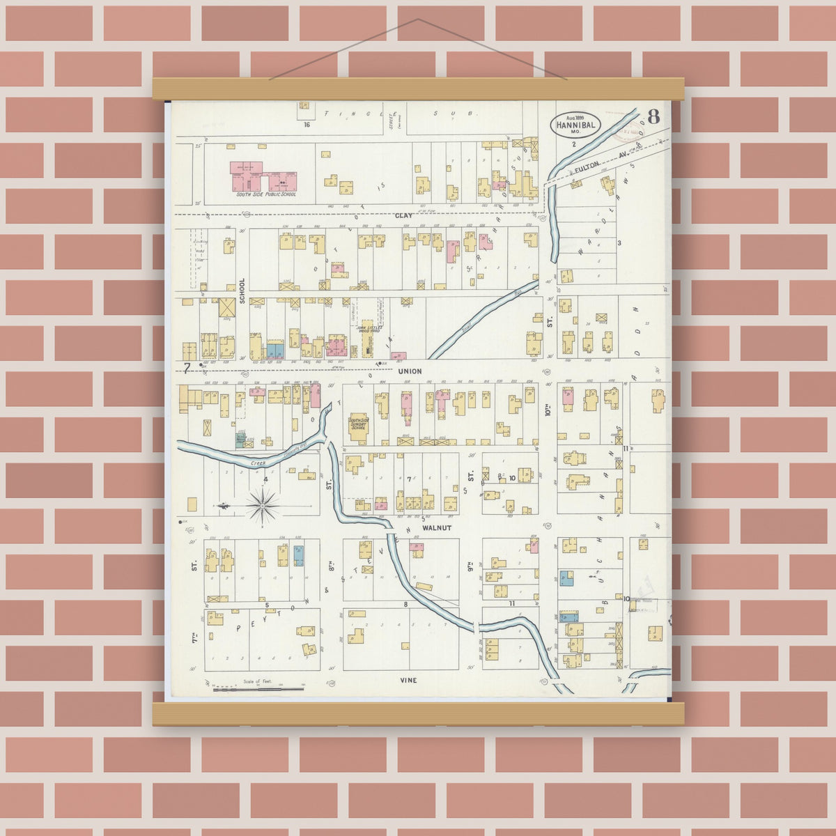 Old map wall art mockup — magnetic wood frame on brick wall — Sanborn Fire Insurance Map from Hannibal, Marion County, Missouri (1899), Sheet #0008