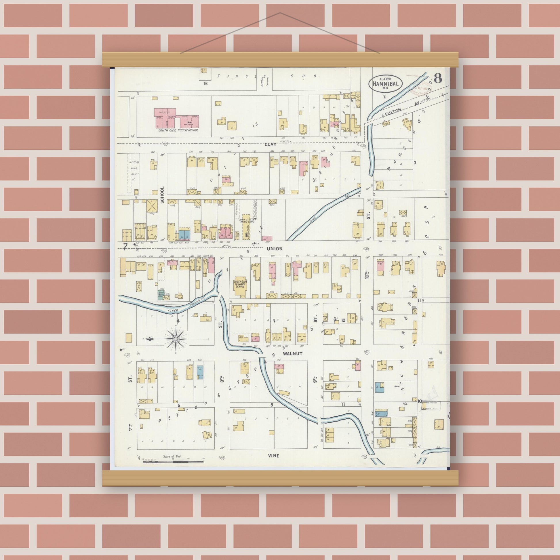 Old map wall art mockup — magnetic wood frame on brick wall — Sanborn Fire Insurance Map from Hannibal, Marion County, Missouri (1899), Sheet #0008